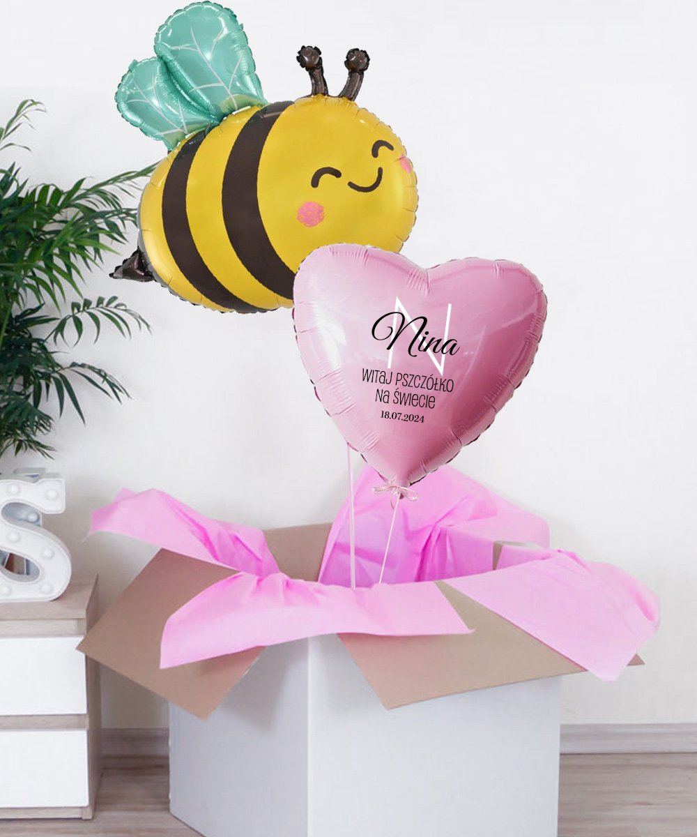 Prezenty z okazji narodzin dziewczynki Balony z helem w pudełku PSZCZÓŁKA
