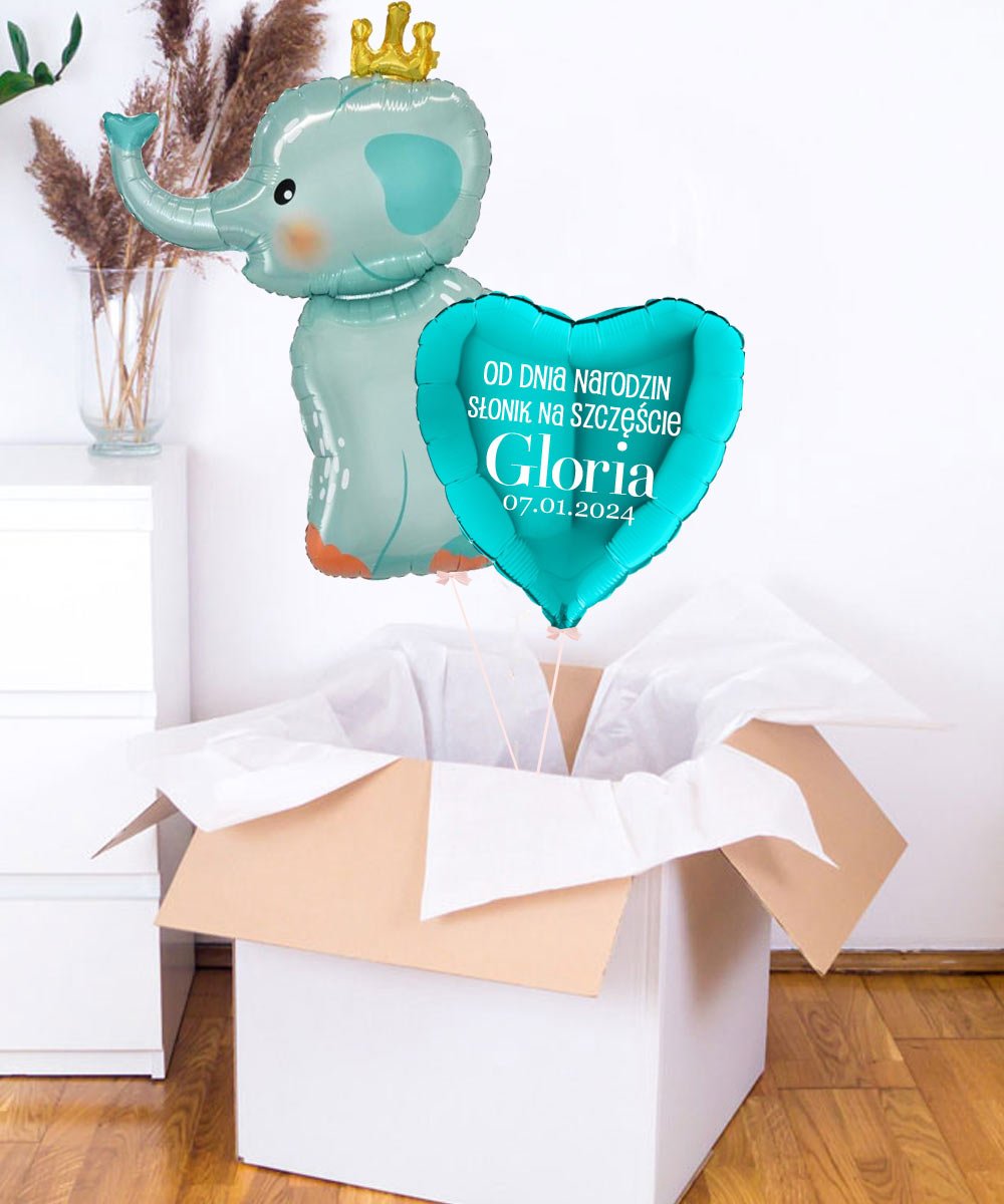 Słonik na narodziny Balony w pudełku na prezent + imię