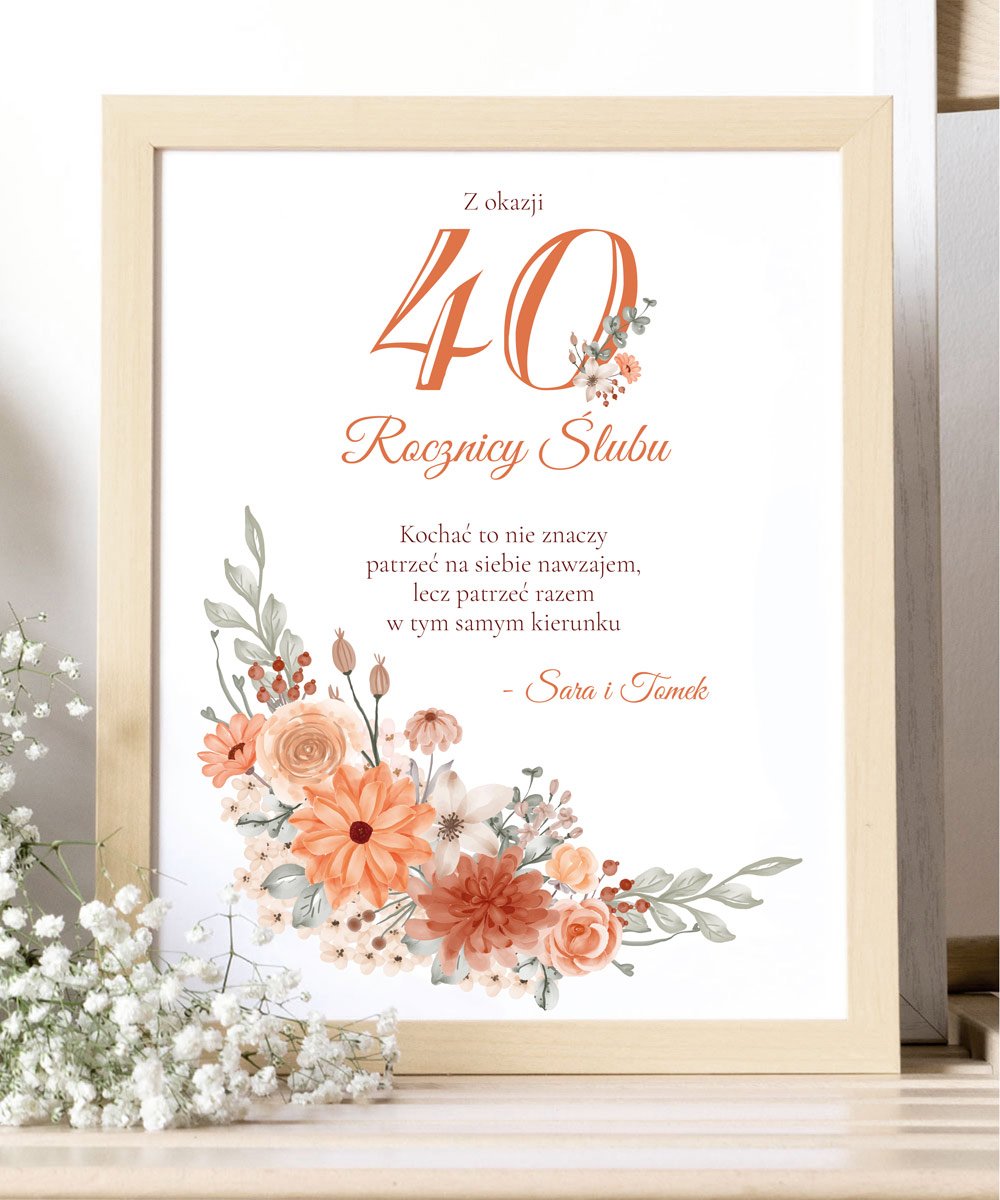 Obraz w ramie z dedykacją na 40 Rocznicę Ślubu PERSONALIZOWANY - Bukiet kwiatów
