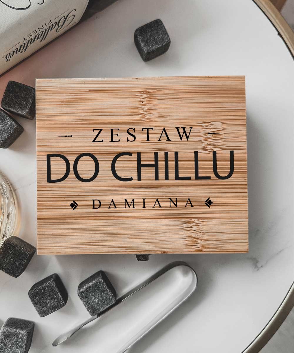 Kamienie chłodzące do whisky zestaw w pudełku z imieniem – Do chillu