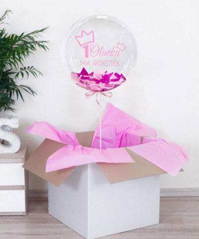Balon KULA XXL z helem RÓŻOWA dla Dziewczynki na roczek z imieniem w pudełku