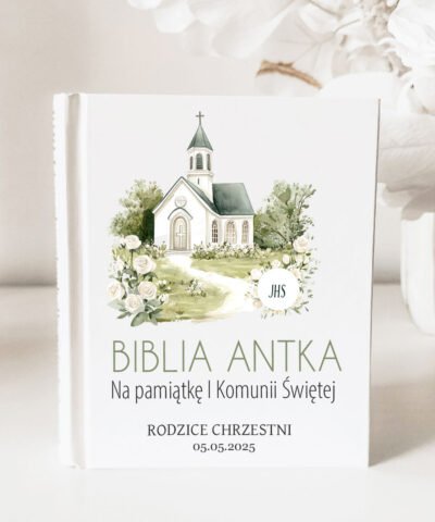 Pudełko z Biblia na prezent Komunijny z nadrukiem – Kościółek