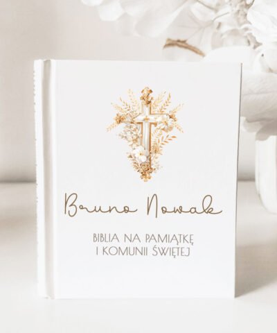 Biblia na komunię w pudełku z nadrukiem – Złoty Krzyż