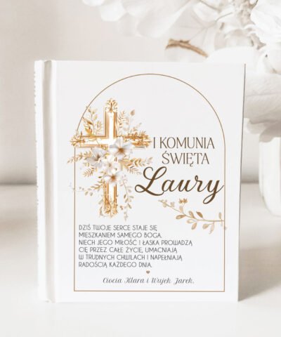 Biblia w drewnianym etui na prezent Komunijny – Złoty krzyż z ramką