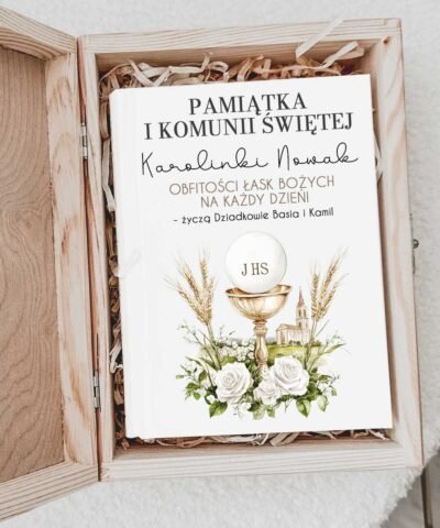 Biblia w drewnianym etui na prezent Komunijny – Hostia z kłosem
