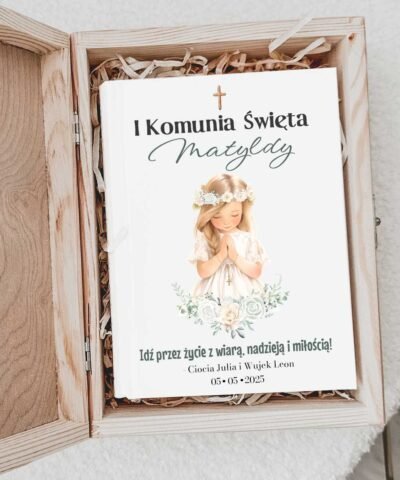 Prezent na I Komunię Święta Biblia w drewnianym pudełku dla dziewczynki – Modlitwa