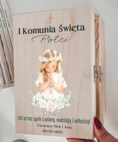 Prezent na I Komunię Święta Biblia w drewnianym pudełku dla dziewczynki – Modlitwa