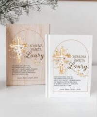 Biblia w drewnianym etui na prezent Komunijny - Złoty krzyż z ramką