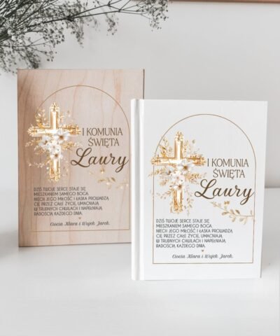 Biblia w drewnianym etui na prezent Komunijny – Złoty krzyż z ramką