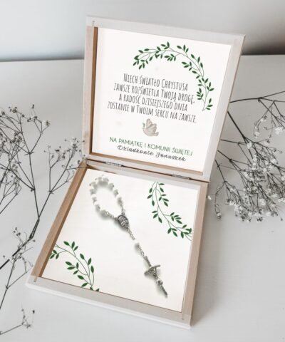 Prezent na KOMUNIĘ dziesiątek różańca w pudełku z nadrukiem – Ornament