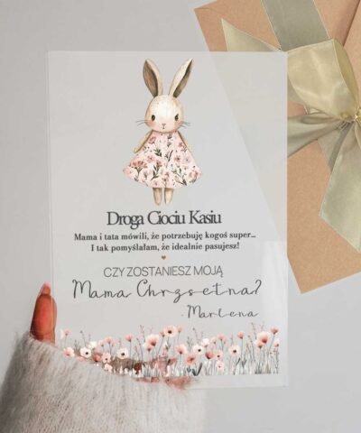 Prezent dla przyszłej matki chrzestnej – kartka akrylowa Króliczek
