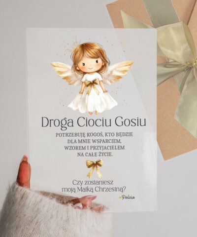Akrylowe szkło z pytaniem do Matki Chrzestnej Aniołek