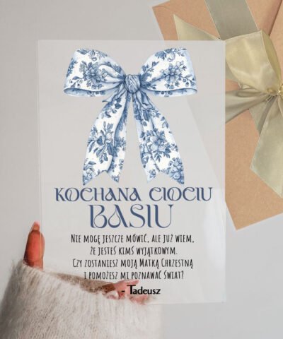 Prośba o bycie Matką Chrzestną – szkło akrylowe KOKARDA BLUE