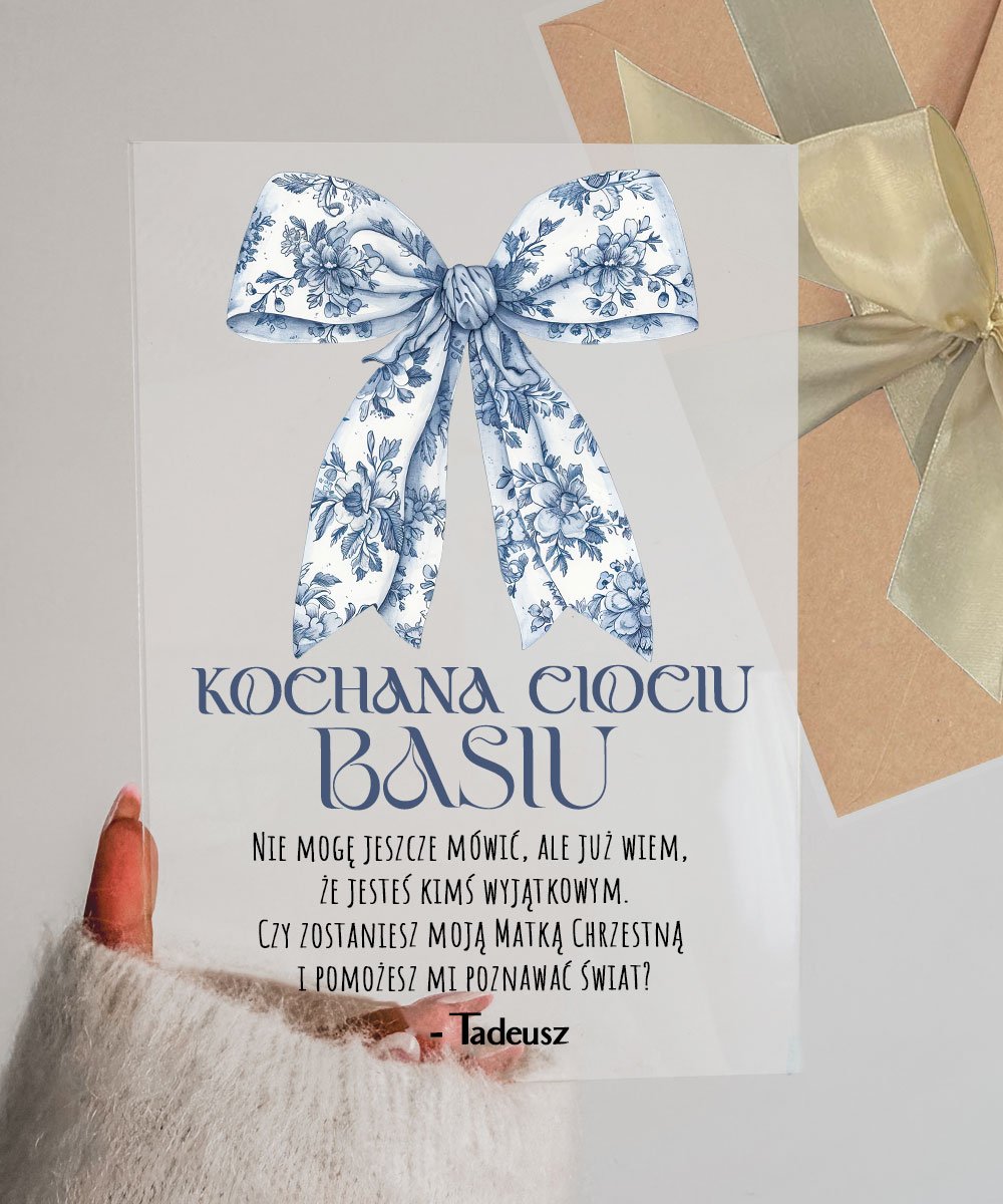 Prośba o bycie Matką Chrzestną – szkło akrylowe KOKARDA BLUE