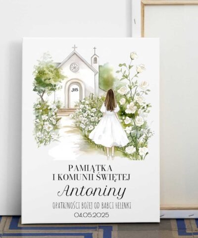 Plakat obrazek komunijny na półtonie z kościółkiem