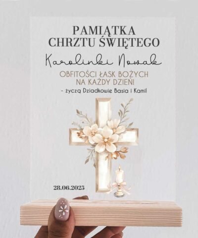 Pamiątkowa statuetka na Chrzest Święty z dedykacją – Krzyż i Świeca