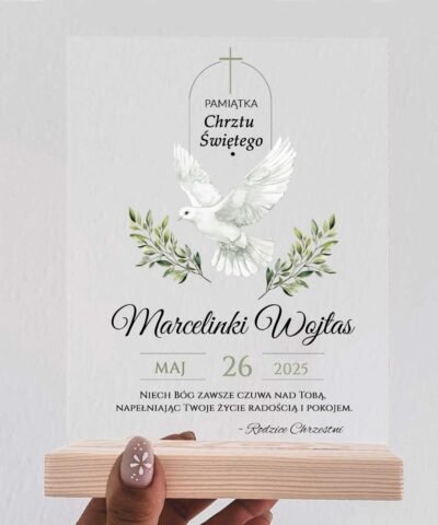 Prezentowa Statuetka na Chrzest Święty z personalizacją – Gołąb i Eukaliptusy