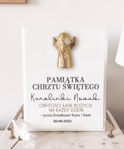 Dekoracyjny obrazek z Aniołem ceramicznym na drewnie na chrzest