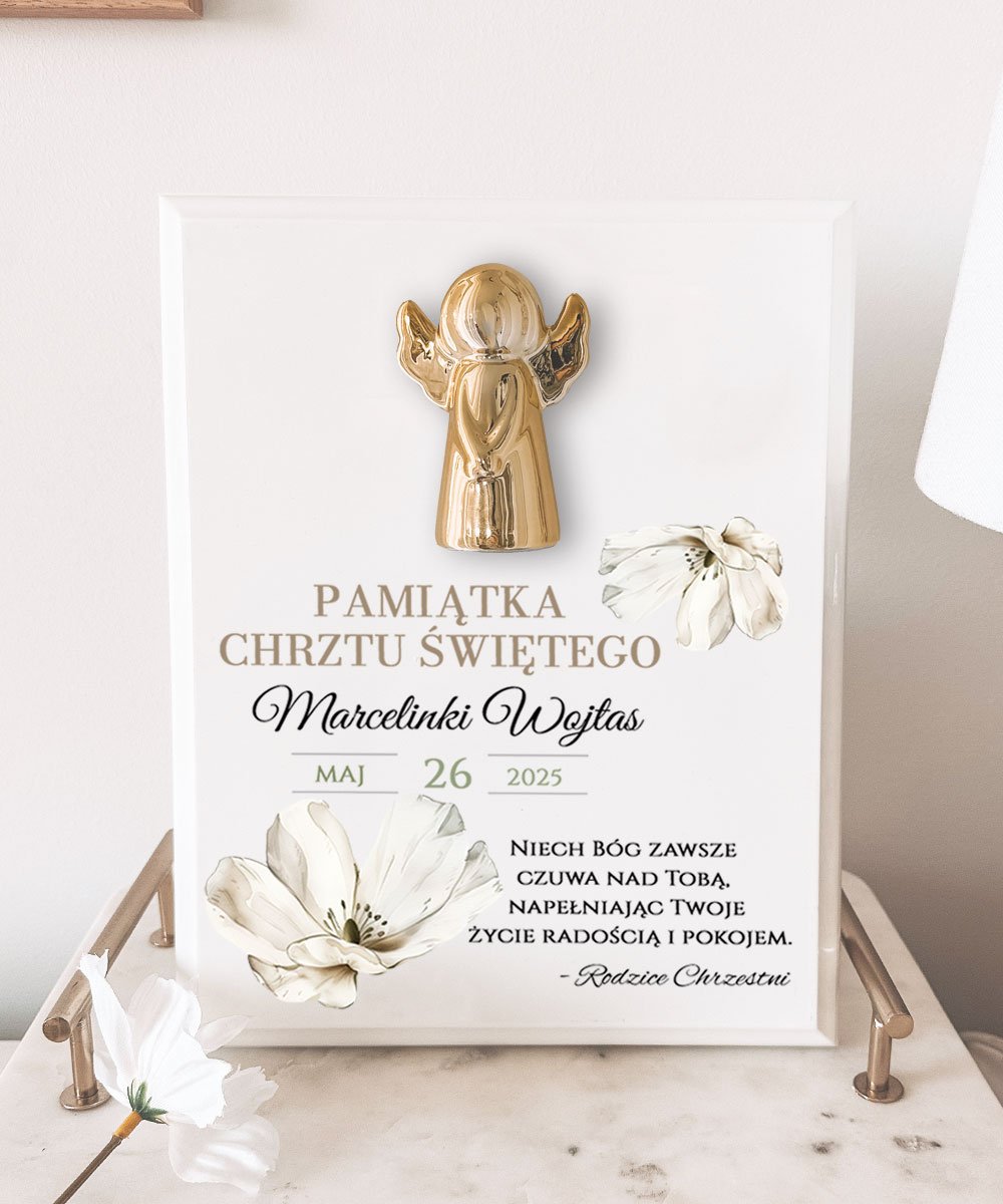 Pamiątkowy obrazek z aniołkiem na chrzest + personalizacja - Kwiaty
