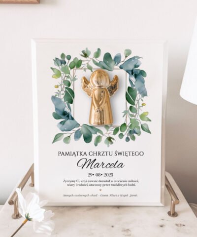 Pamiątka na chrzest – obrazek z aniołkiem i imieniem Eukaliptus