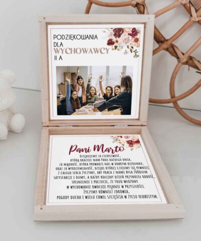 Personalizowane drewniane pudełko z życzeniami i zdjęciem – prezent na Dzień Nauczyciela