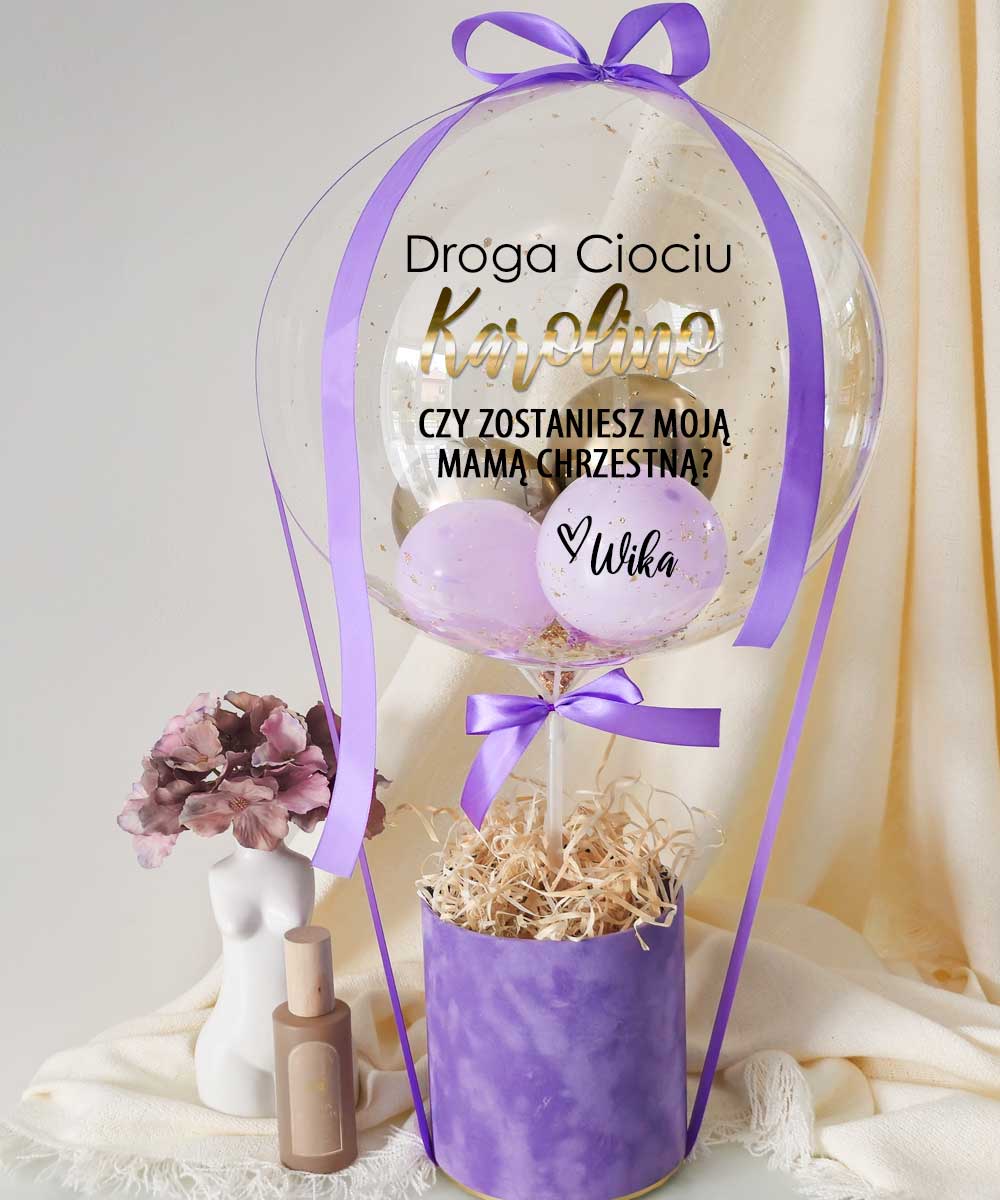 wypełnienie balona: mini baloniki złote i brązowe + złote drobiny konfetti,