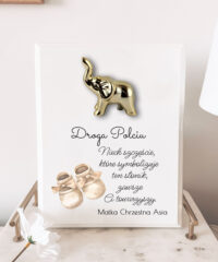 Pamiątkowy obrazek ze złotym słonikiem na chrzest z personalizacją