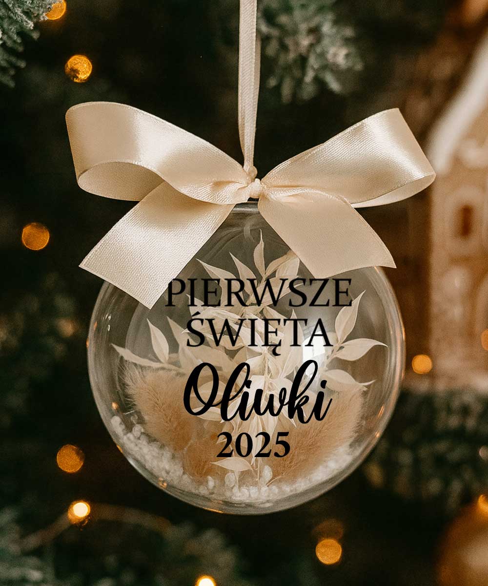 Stylowa bombka na choinkę z imieniem dziecka Pierwsze Święta – Suszki