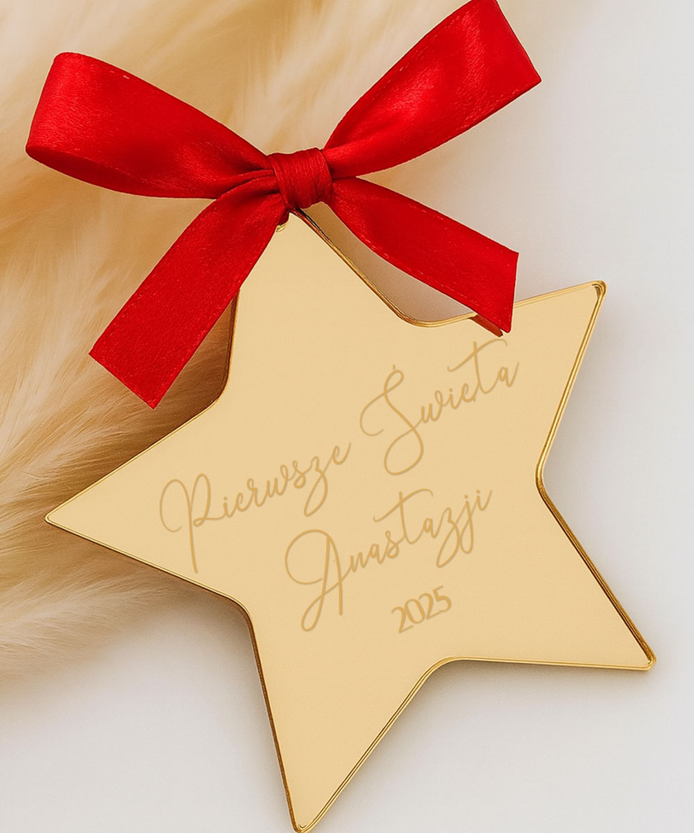 Złota zawieszka na choinkę pierwsze święta + imię dziecka