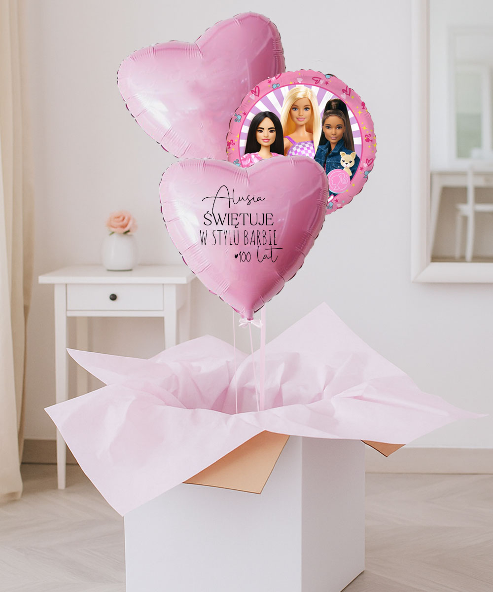 Prezent dla miłośniczki Barbie – trzy balony w pudełku z imieniem