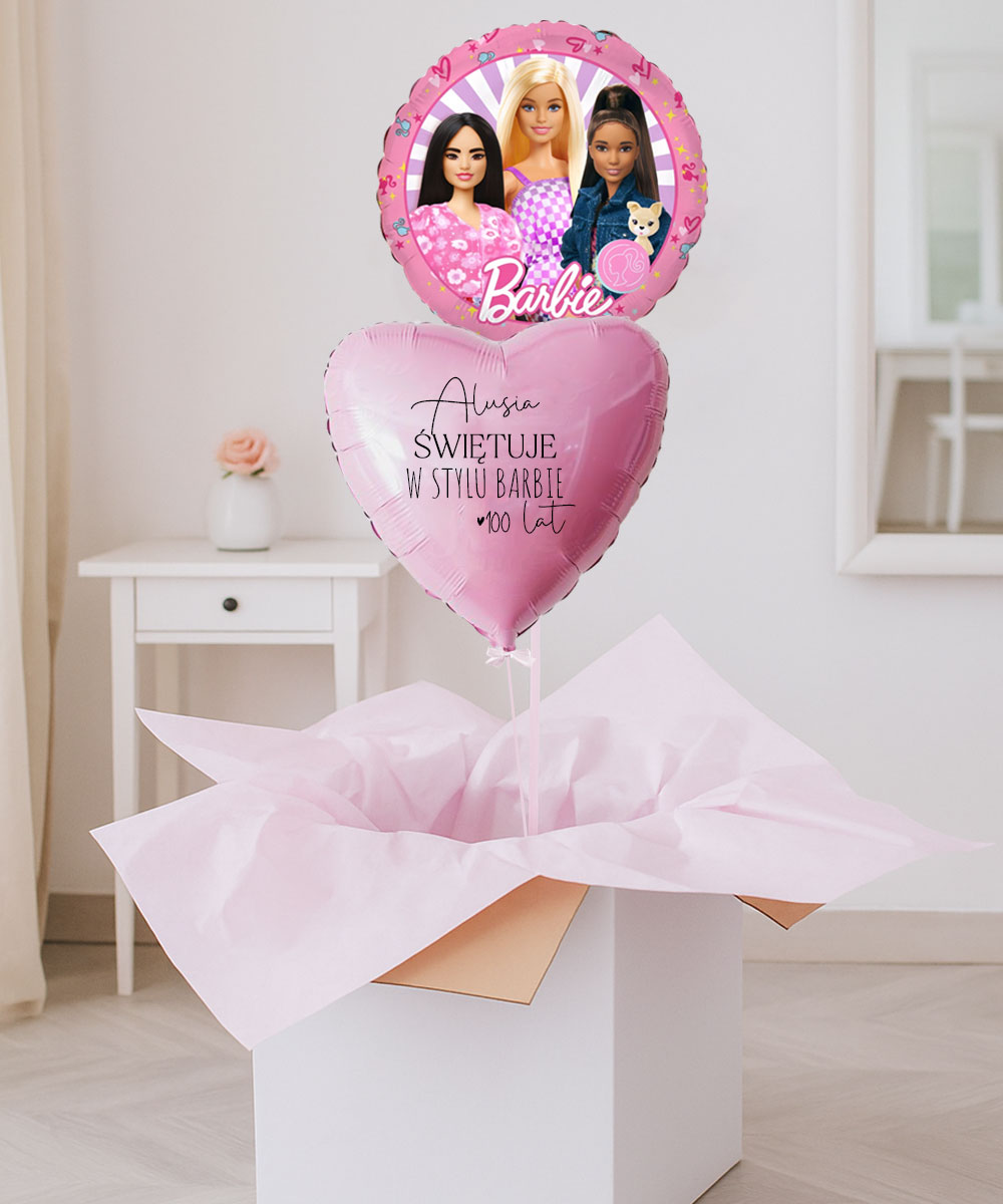 Prezent z Barbie – balony z helem w pudełku + napis