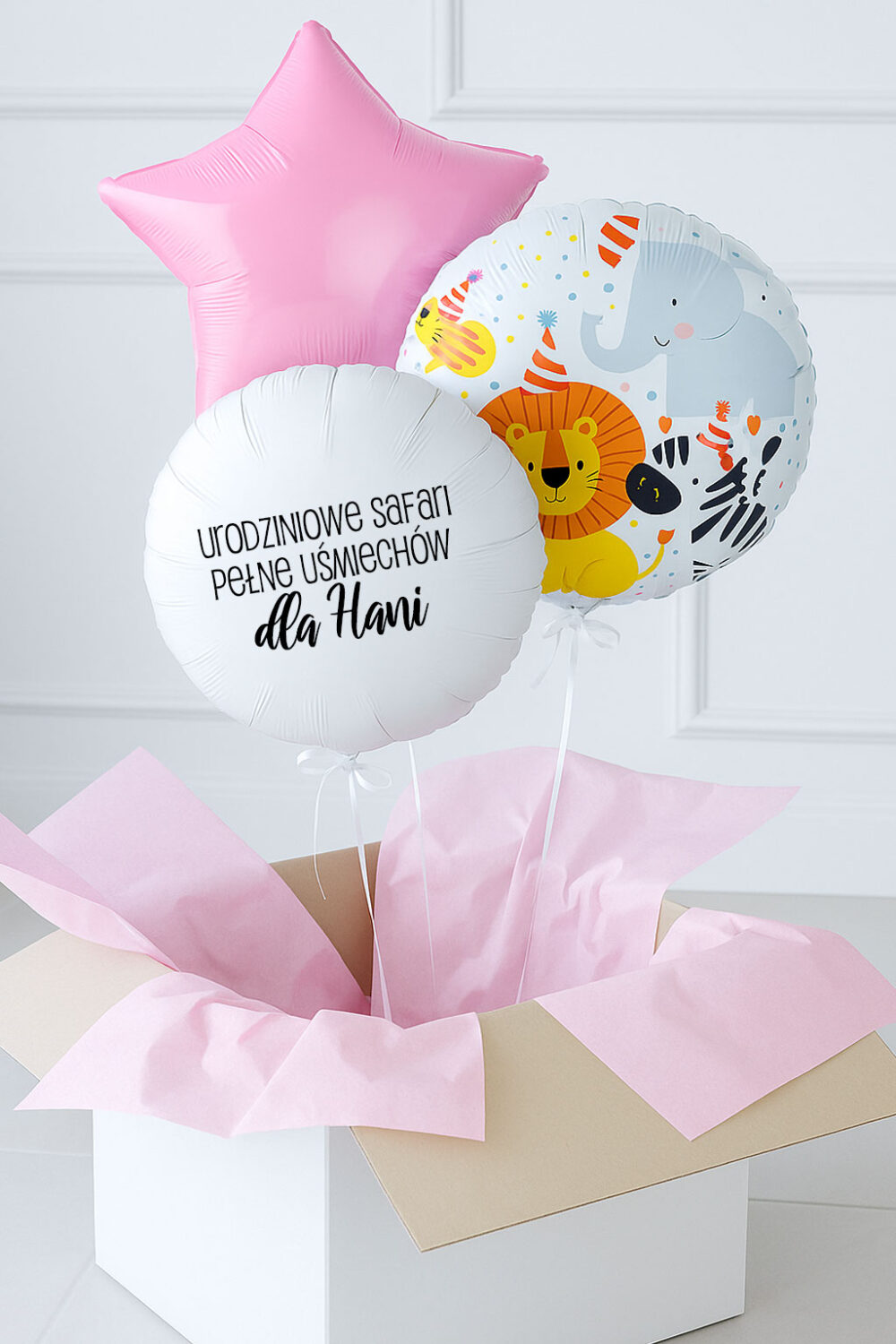 Balony Safari z helem w pudełku na urodziny dziewczynki