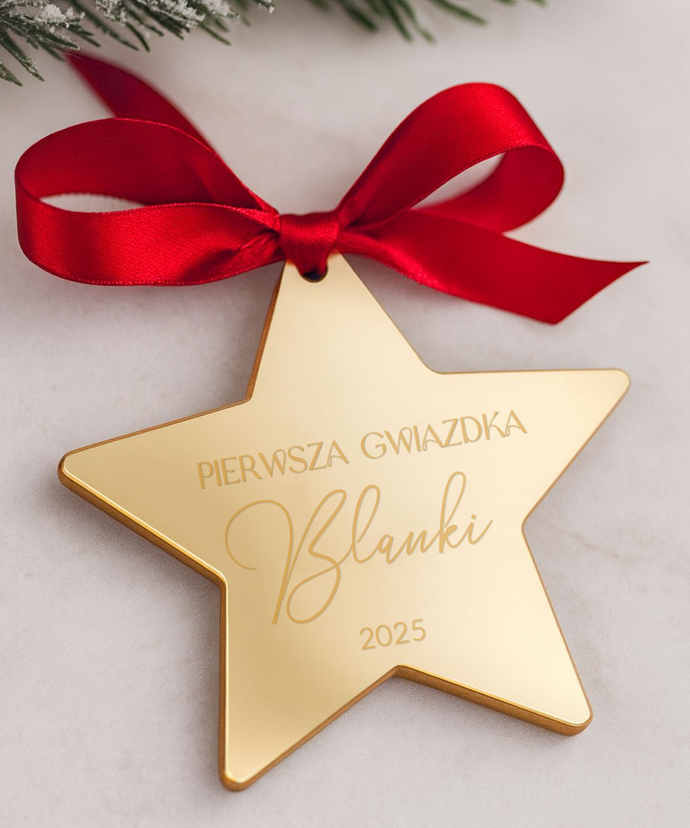 Złota zawieszka na choinkę z imieniem dziecka – Pierwsza Gwiazdka