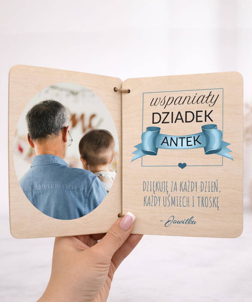 Drewniana kartka na dzień dziadka od wnuczki ze zdjęciem