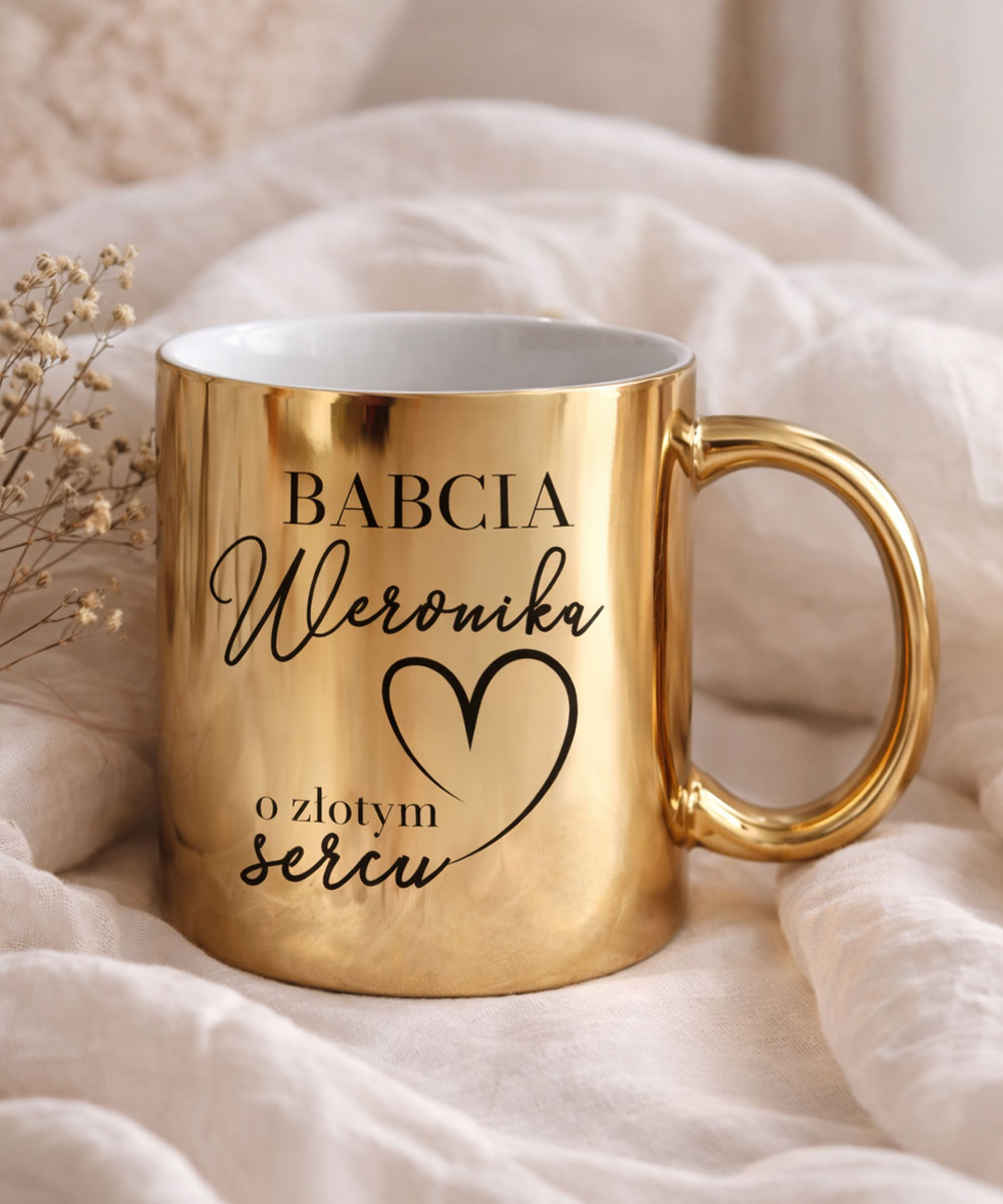 Złoty kubek z nadrukiem dla Babci – złote serce