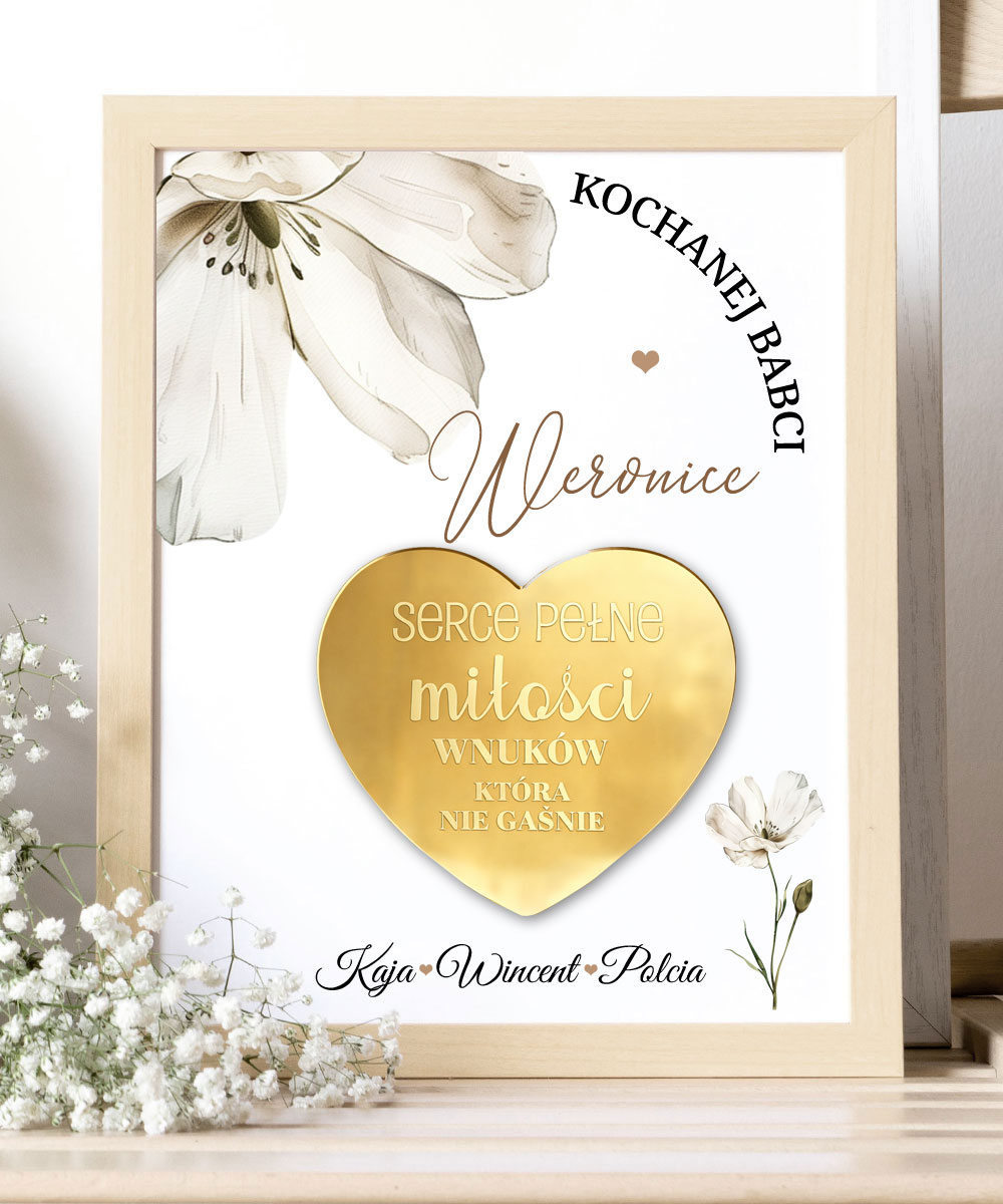 Elegancki prezent na dzień babci – ramka ze złotym sercem