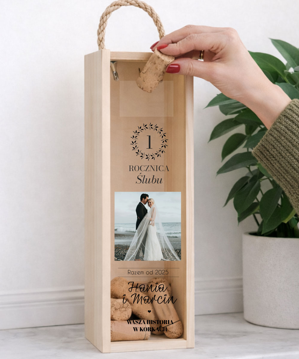 Skrzynka na korki od wina – prezent na pierwszą rocznicę ślubu ze zdjęciem