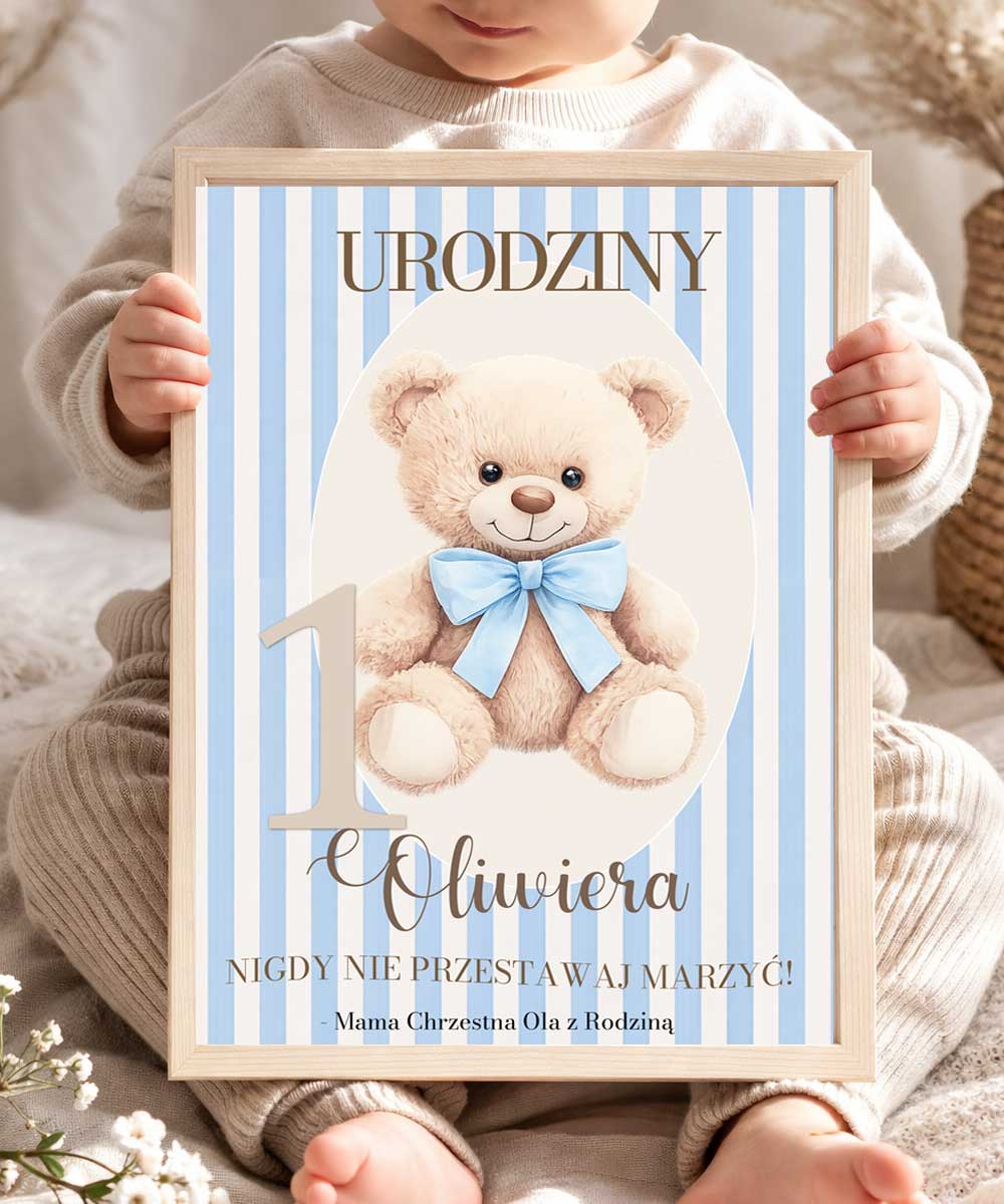 pamiątka roczku dziewczynki obraz w ramie Miś z błękitną kokardą