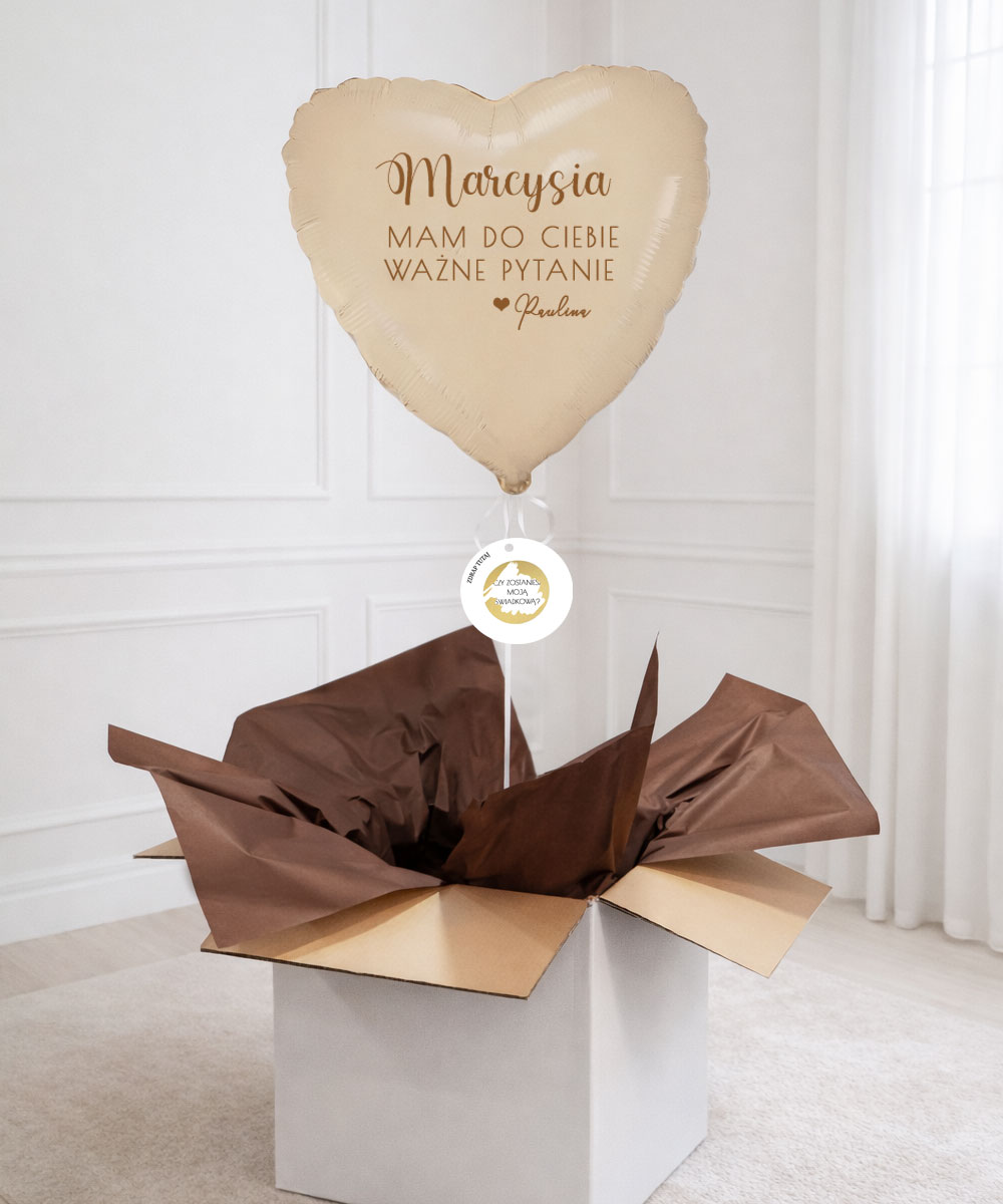 Balon z helem w pudełku dla świadkowej ze zdrapką w stylu boho