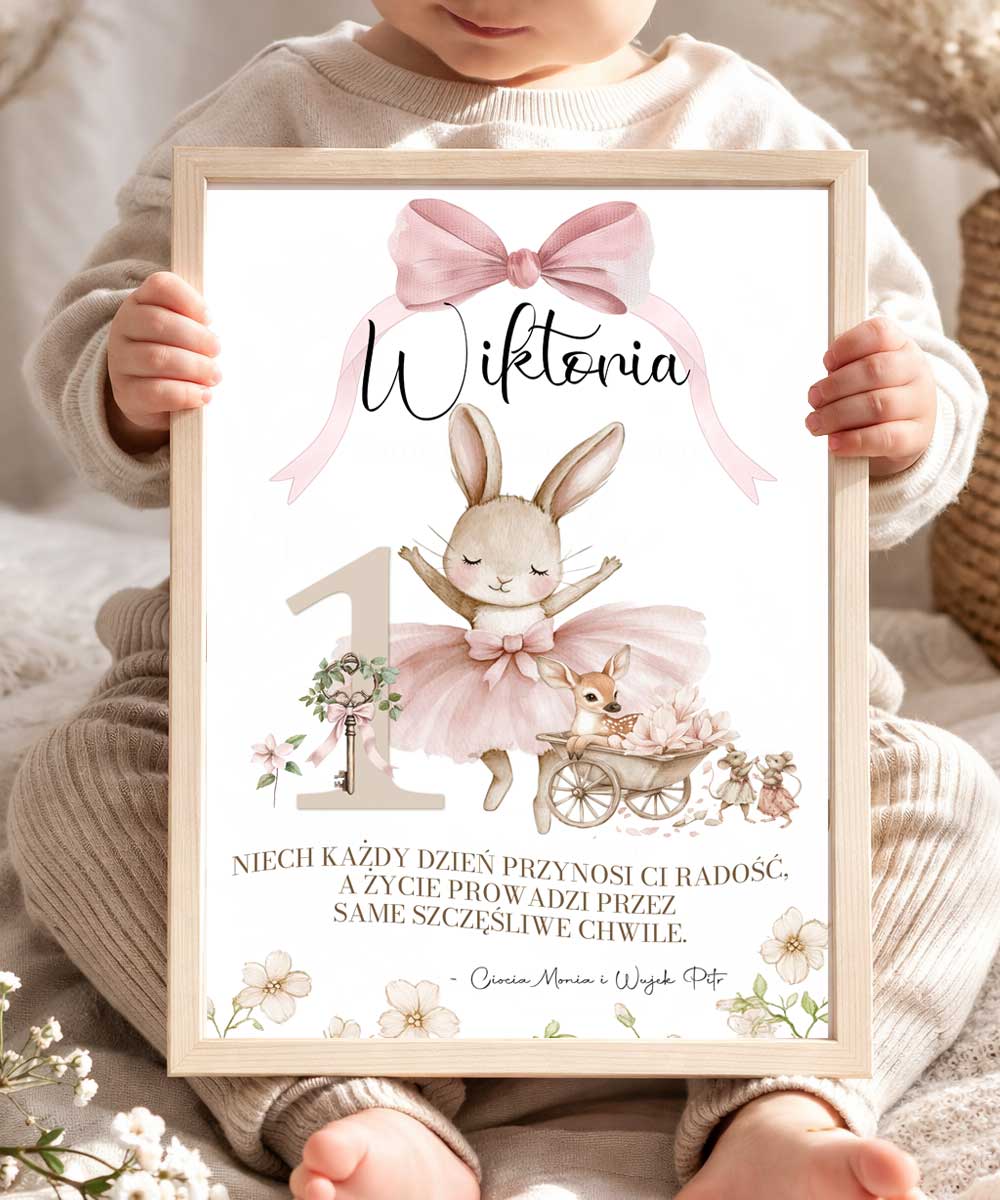 Personalizowany plakat na roczek dziewczynki w ramie – Królik Baletnica