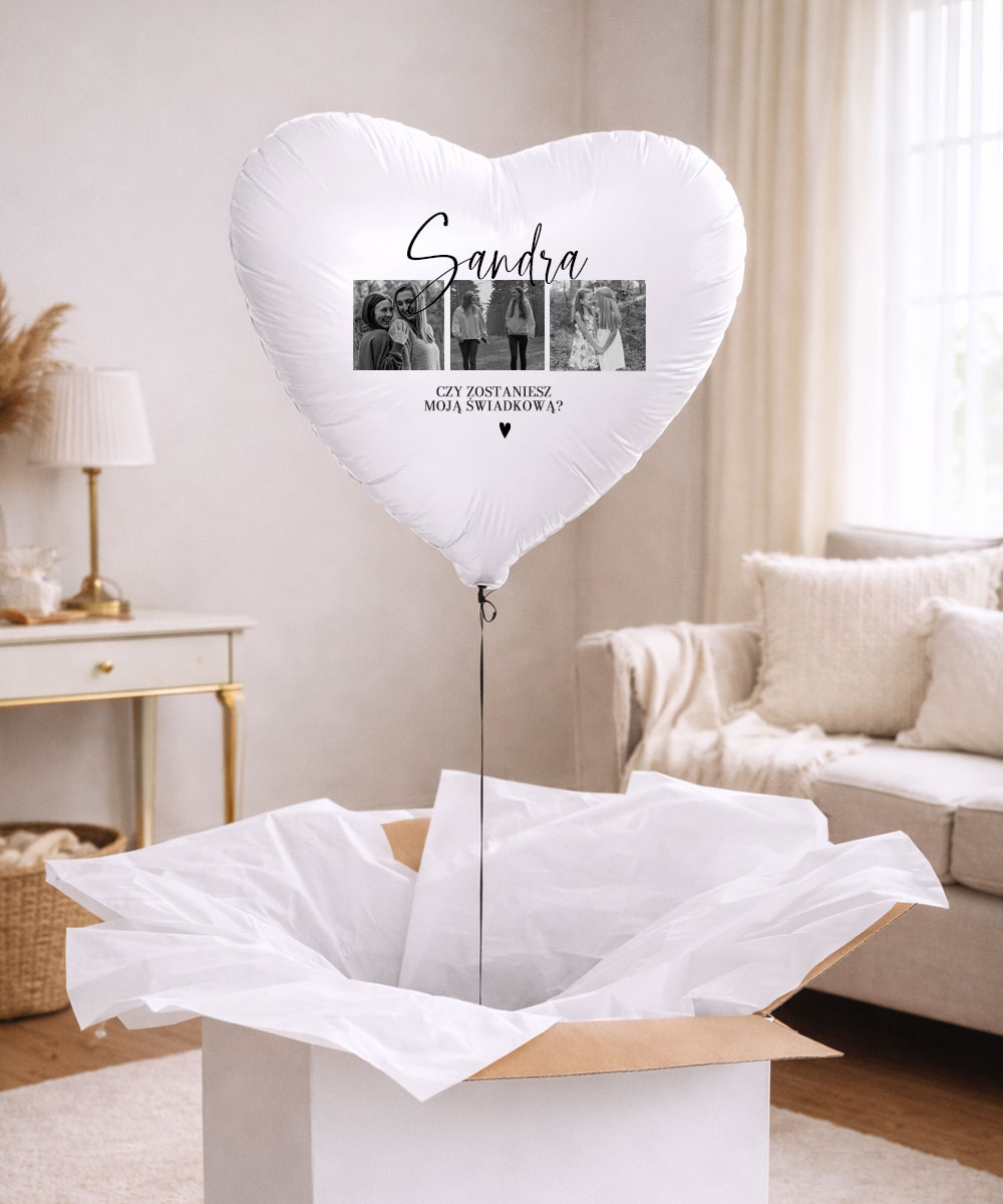Prezent z pytaniem czy zostaniesz moją świadkową – balon ze zdjęciami w pudełku