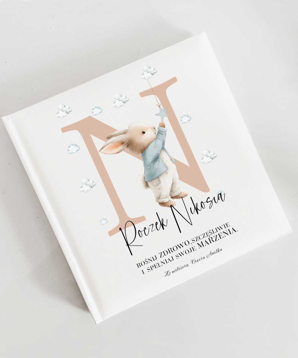 Prezent na roczek – personalizowany album na zdjęcia Króliczek