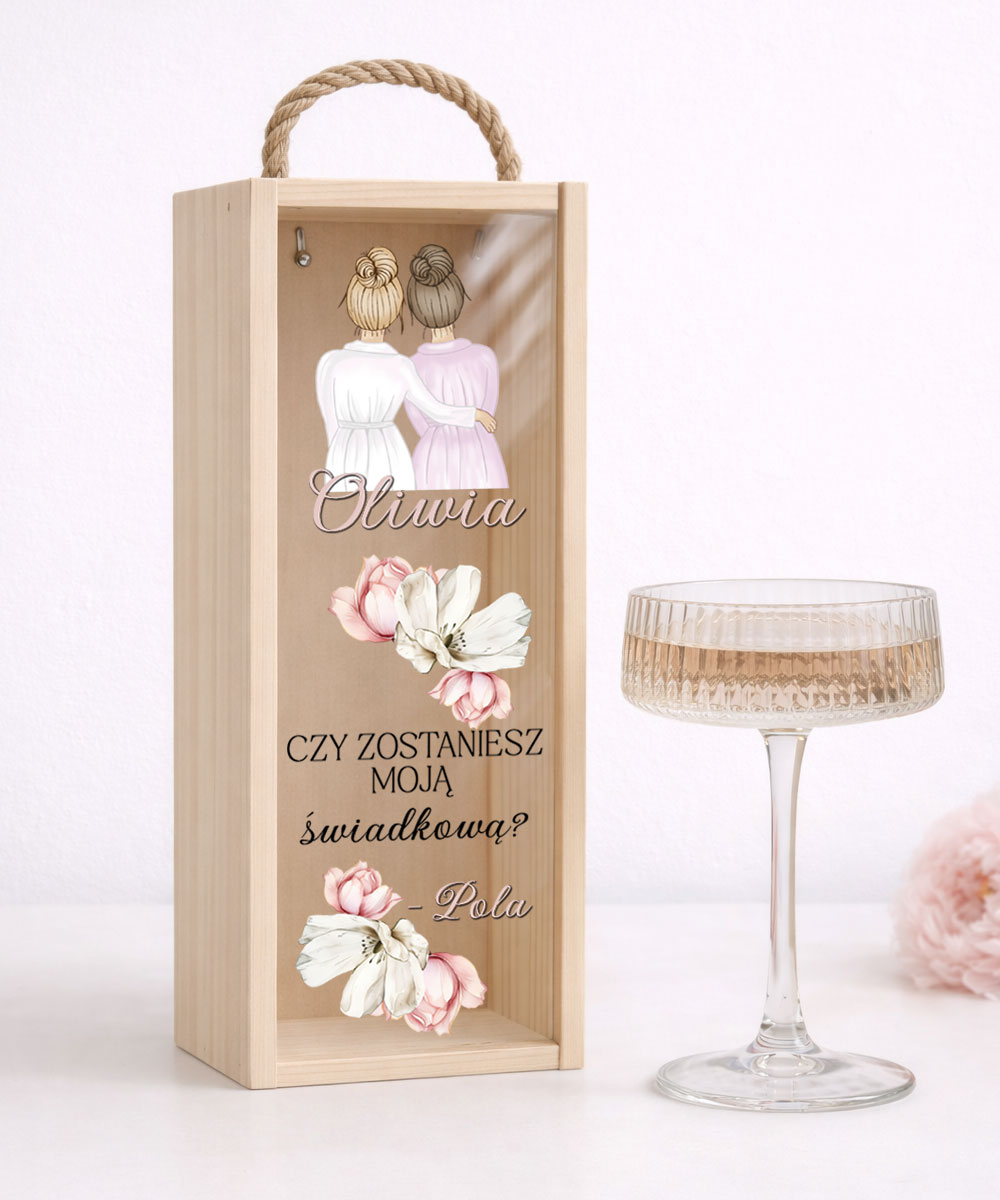 Personalizowana skrzynka na wino z imieniem – prośba o bycie świadkową