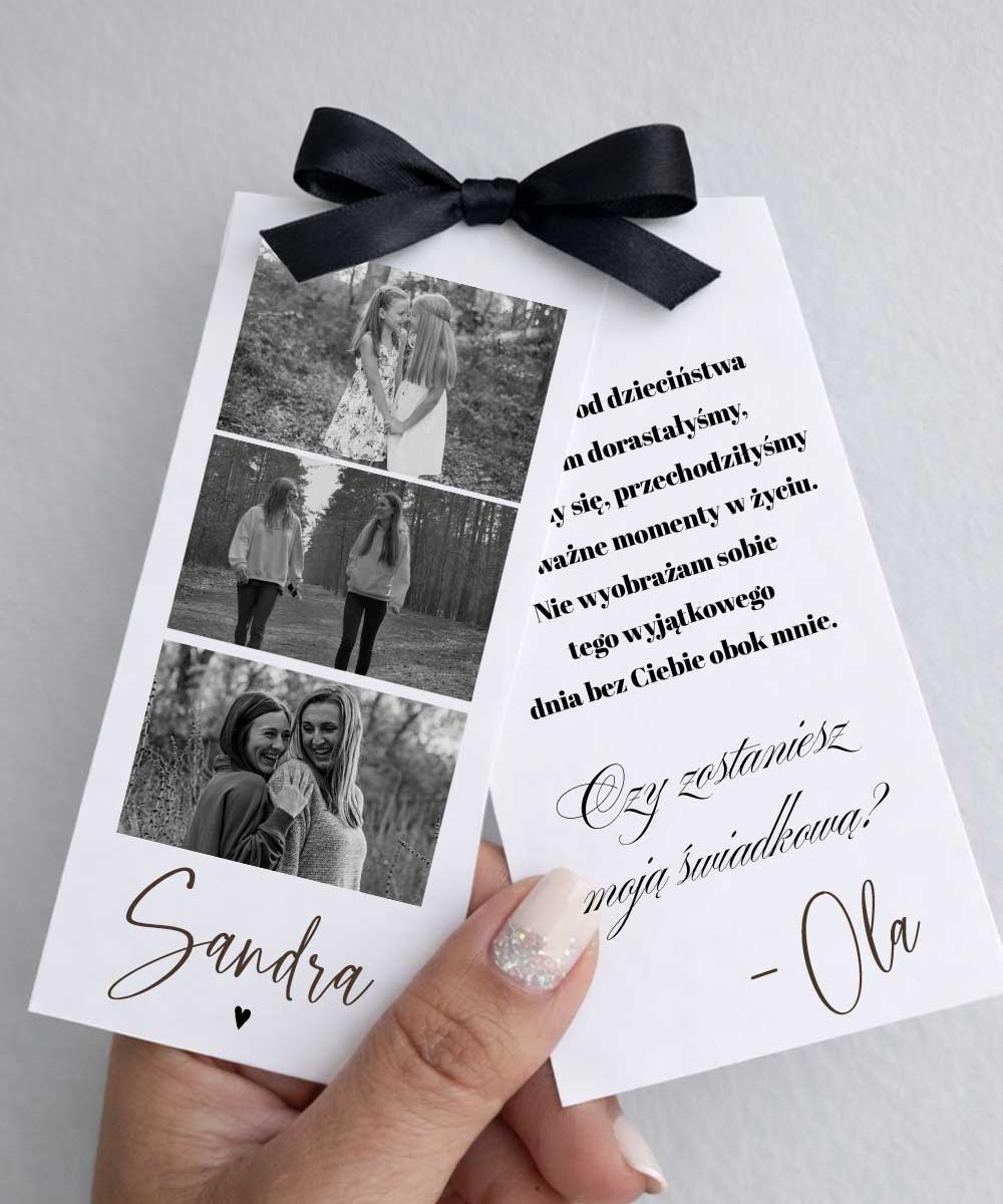 Wzruszająca prośba dla świadkowej – karta ze zdjęciami i kokardą