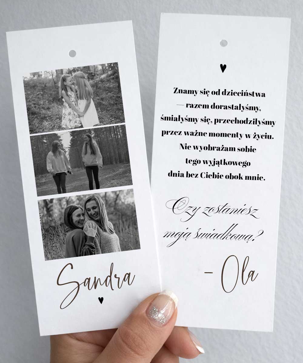 Wzruszająca prośba dla świadkowej – karta ze zdjęciami i kokardą