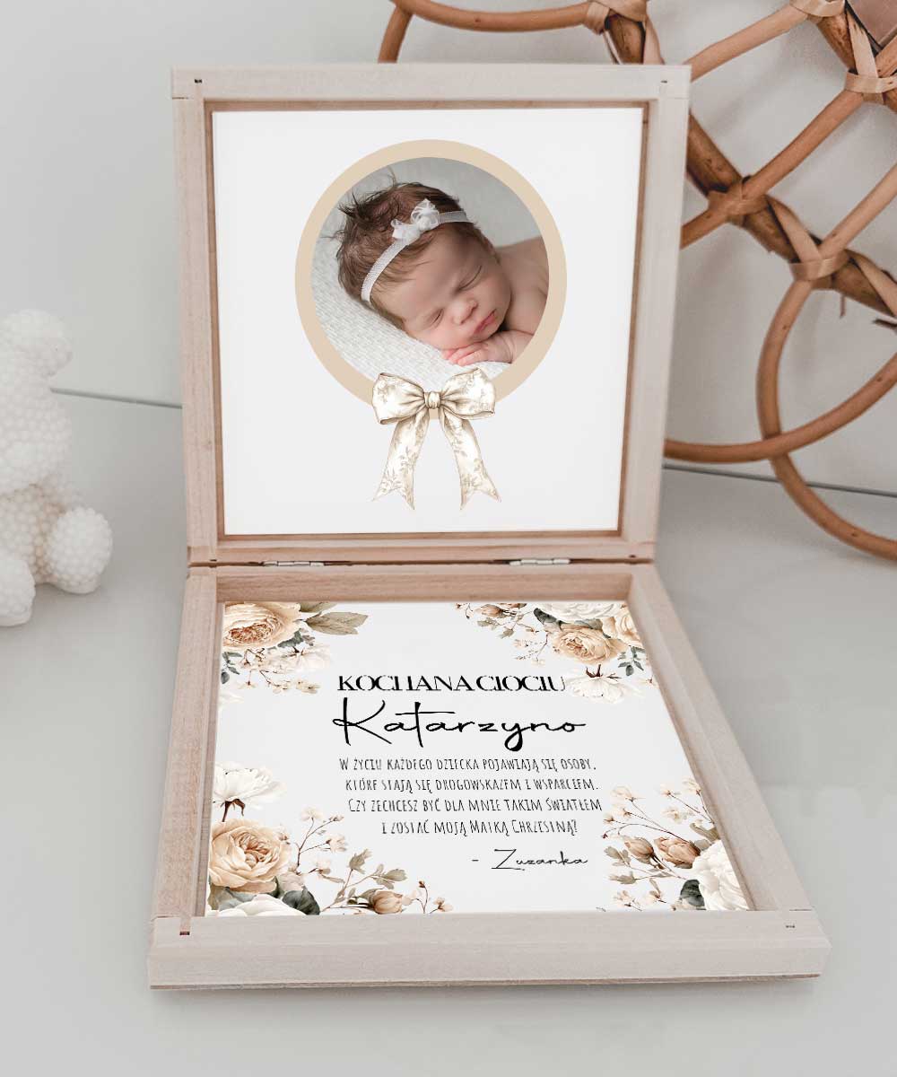 Prośba o zostanie Ojcem Chrzestnym – eleganckie pudełeczko z dedykacją Beżowy Miś