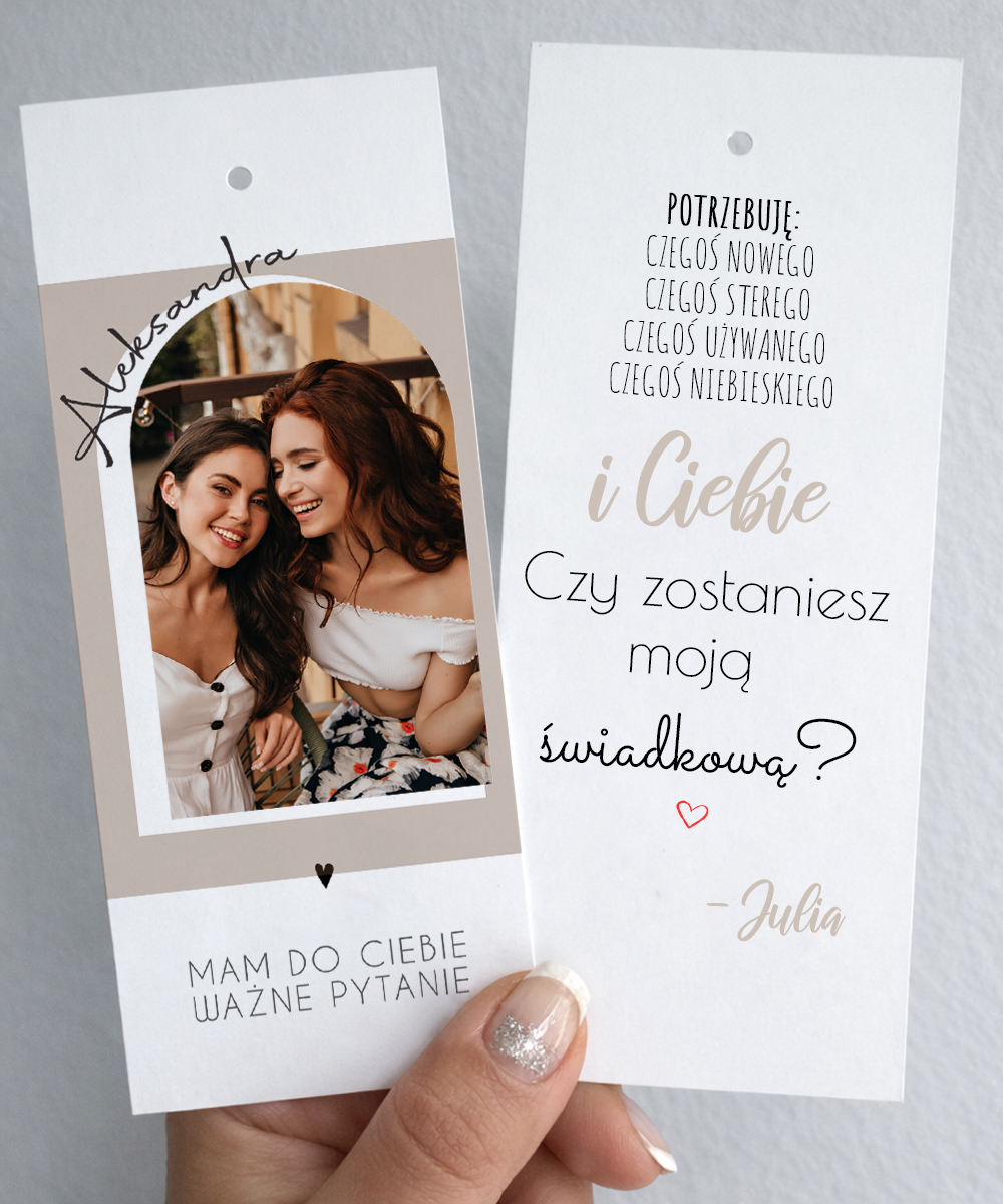 Kartka dla świadkowej — prośba o świadkowanie z kokardą i waszym zdjęciem