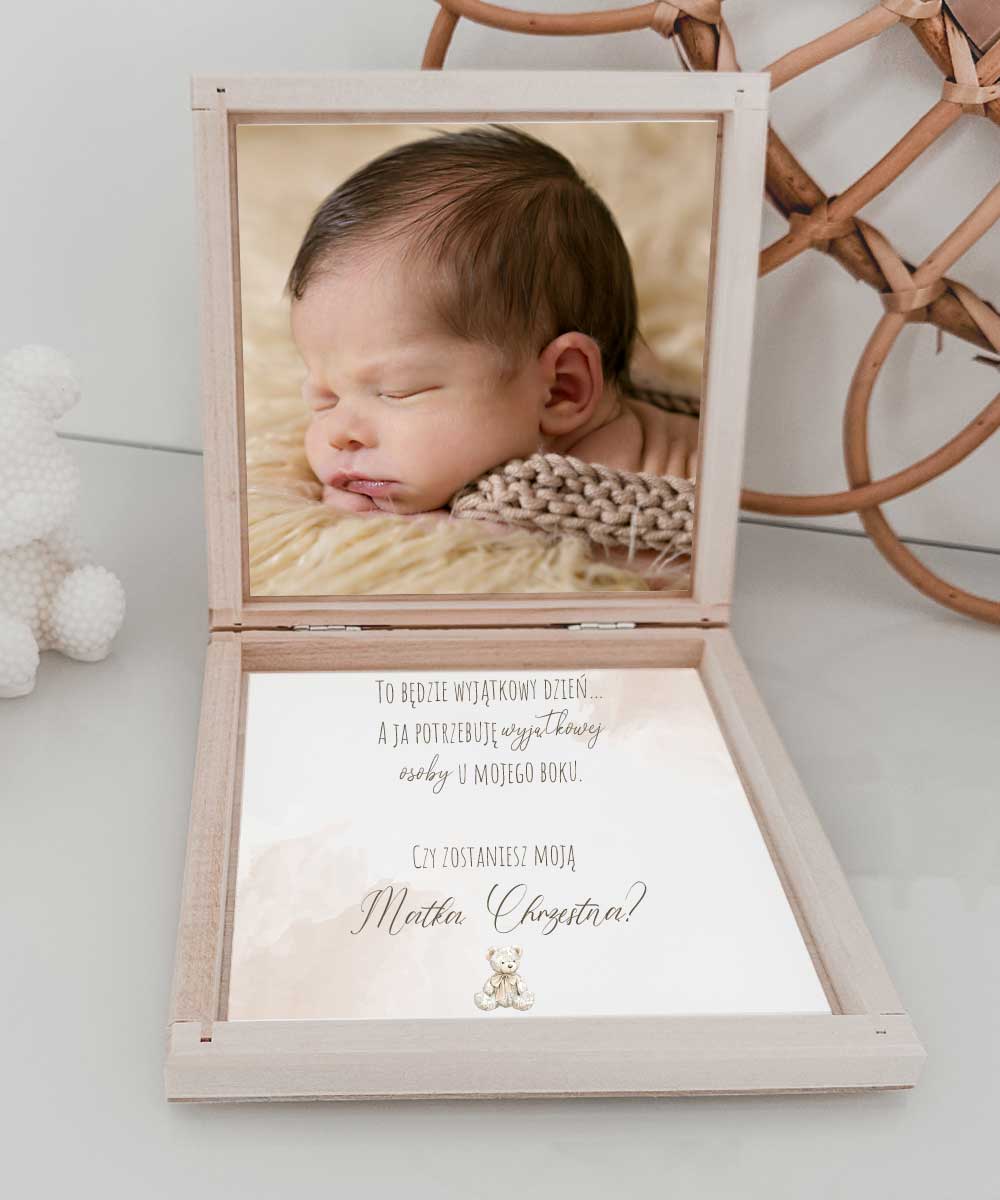 Prośba o zostanie Matką Chrzestną – eleganckie pudełeczko z dedykacją Beżowy Miś