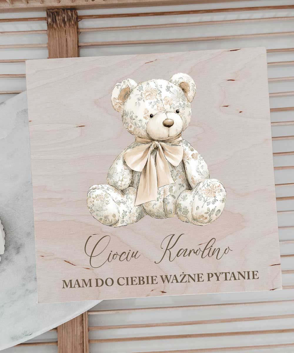 Prośba o zostanie Matką Chrzestną – eleganckie pudełeczko z dedykacją Beżowy Miś