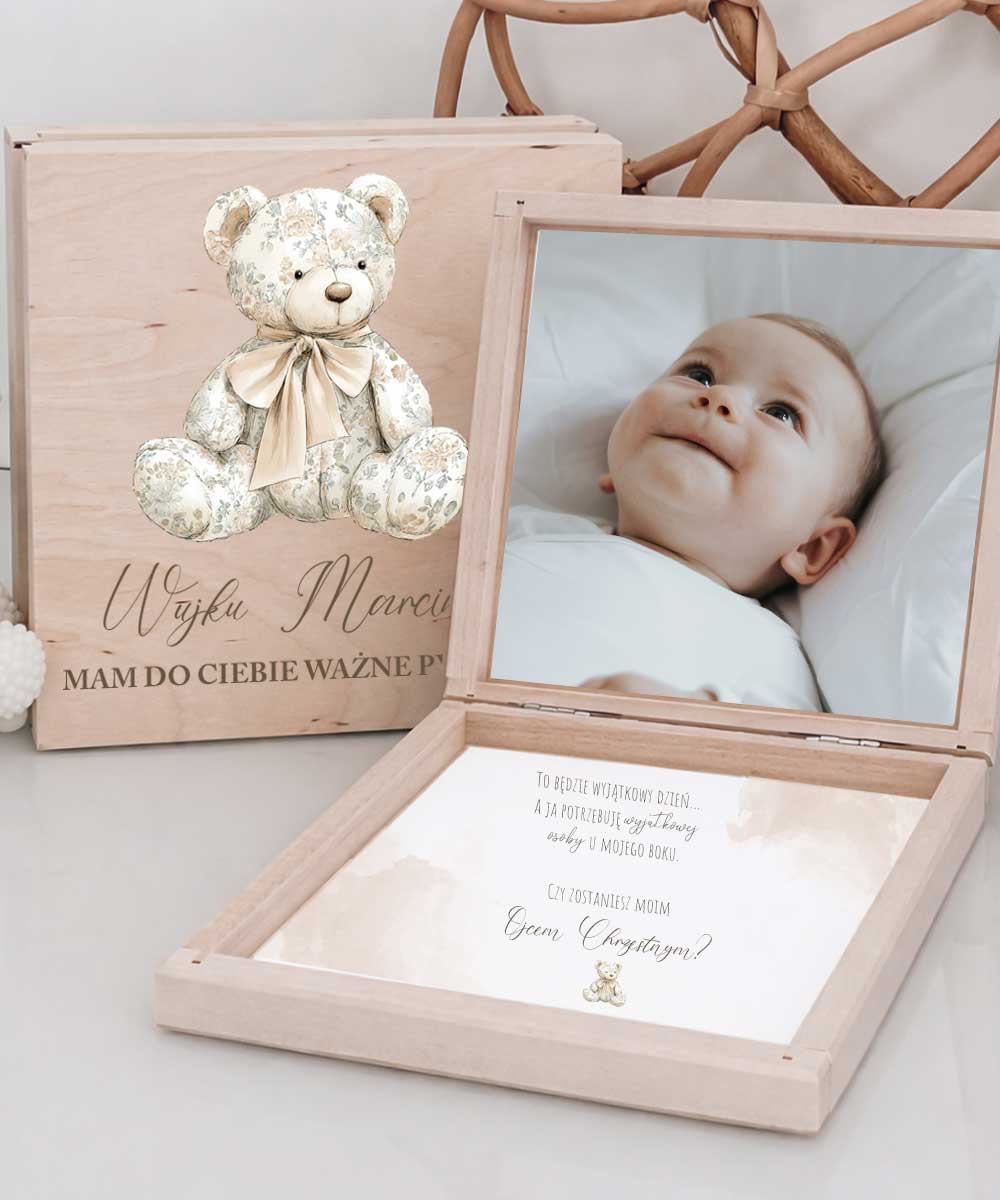 Prośba o zostanie Ojcem Chrzestnym – eleganckie pudełeczko z dedykacją Beżowy Miś